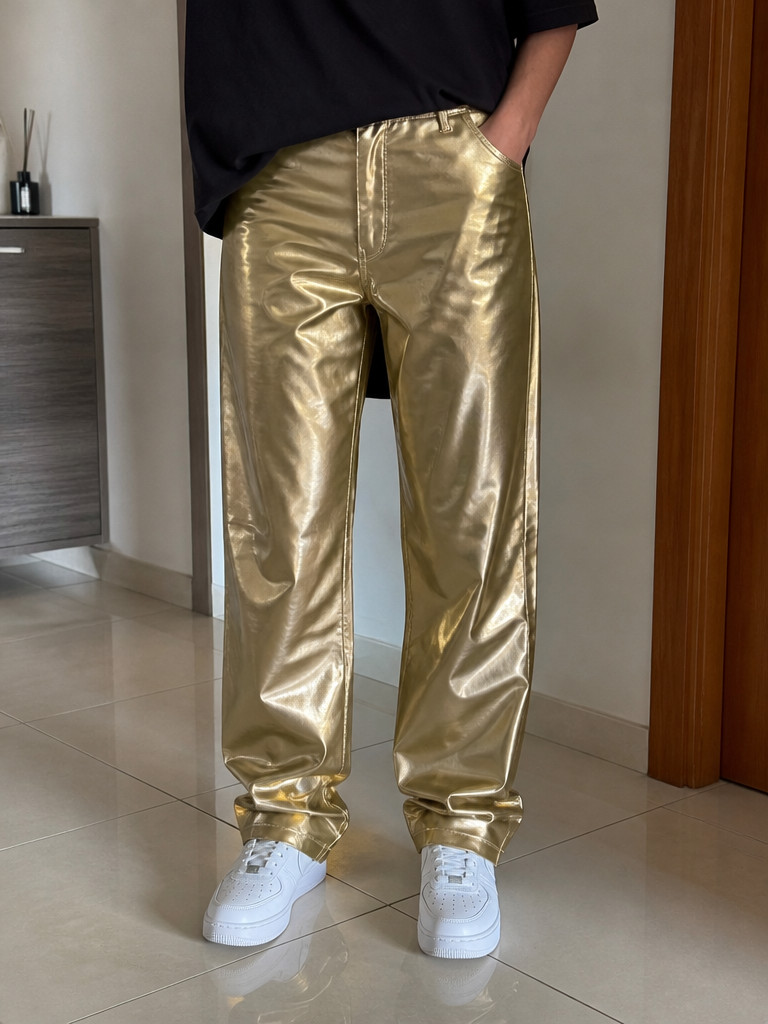 Pantaloni Gamba Dritta Effetto Metallizzato Oro Champagne Vintage Y2K (XS) — foto 1
