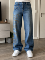 Jeans gamba larga XFN Jeans blu denim ricamo oro Vintage Y2K (S) — foto 2