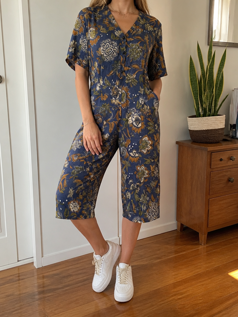 Tuta Maniche Corte Bottoni Floreale Blu Scuro Vintage Y2K (S) — foto 1