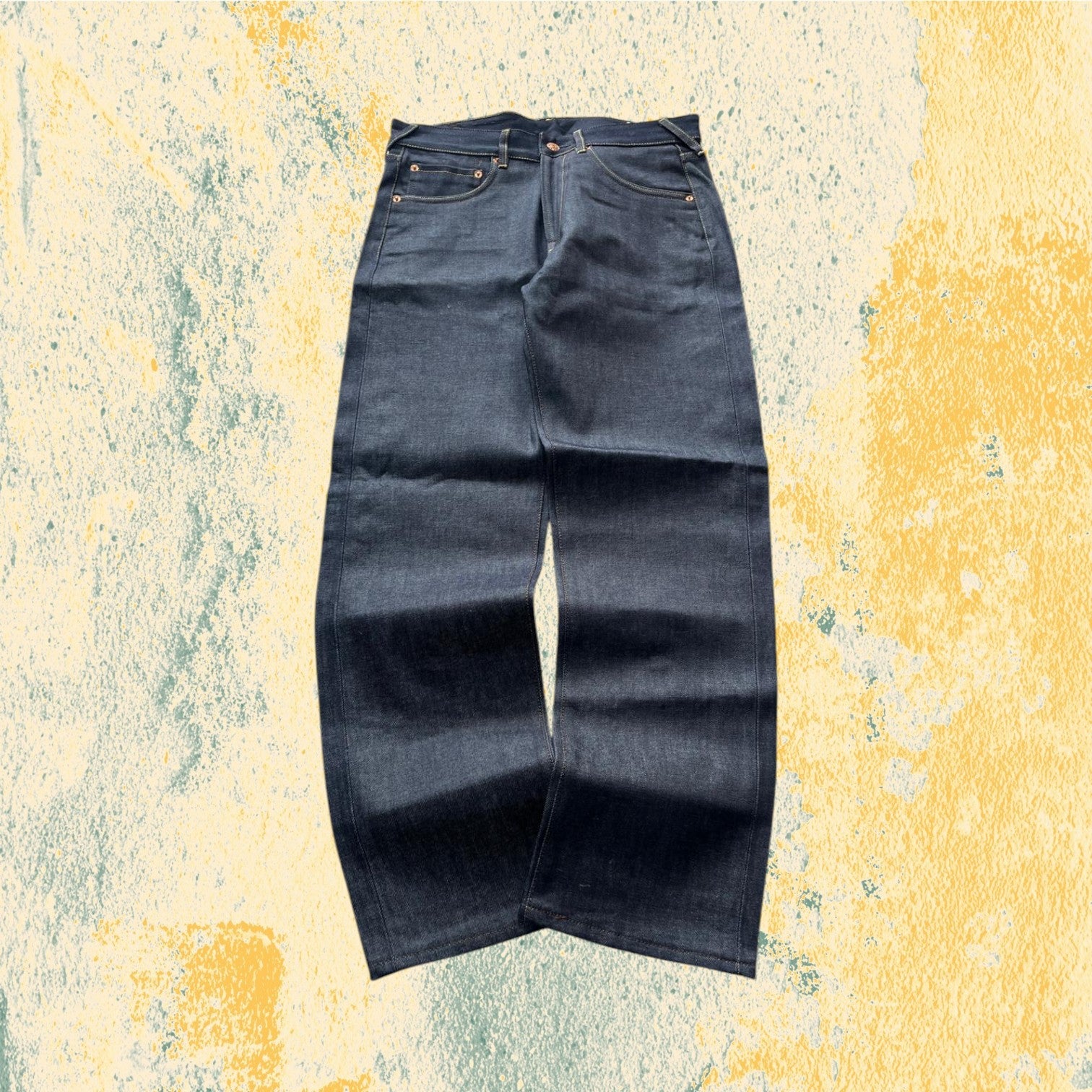 Raw Denim Jeans Evisu Painted Big Logo Embroidered (S)