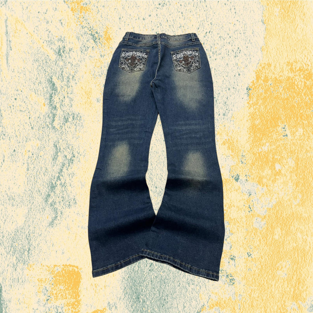 Denim Jeans Svasati BootCut Low Waist Embroidered Washed (XS)