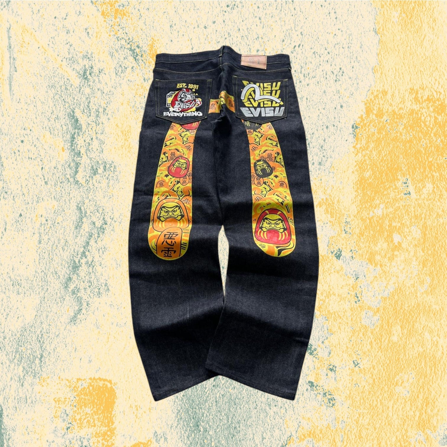 Raw Denim Jeans Evisu Painted Big Logo Embroidered (M)