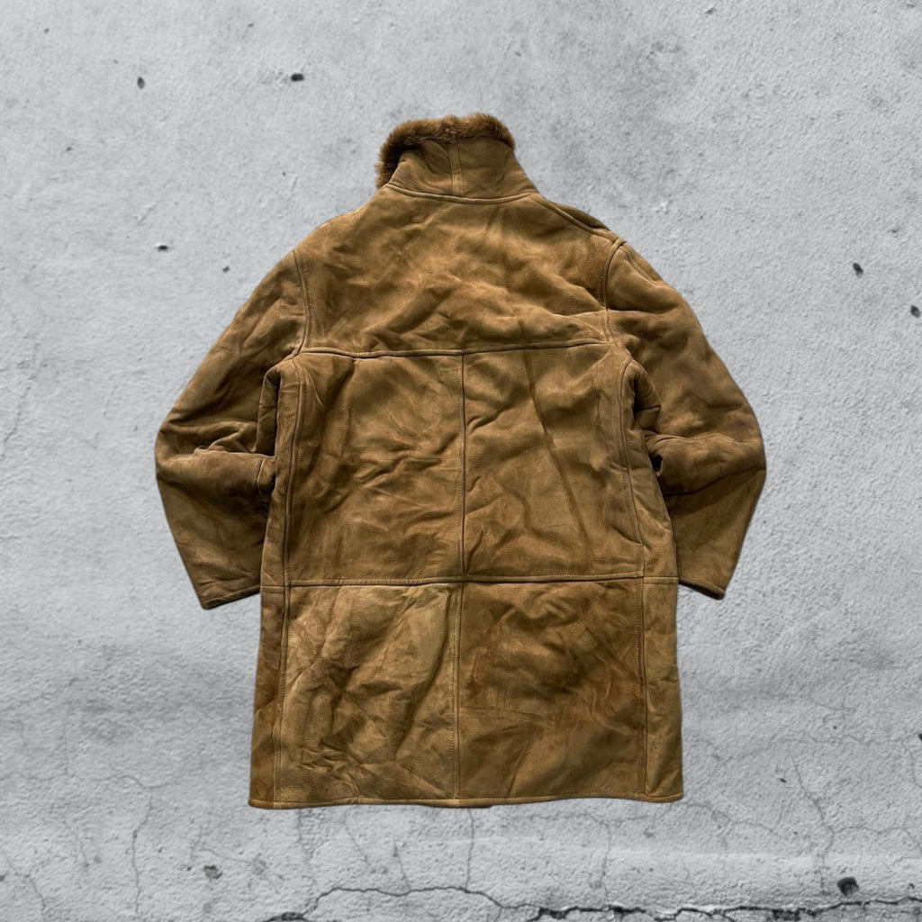 Montone in Vera Pelle di Renna Marrone Lungo con Pelliccia (XL)
