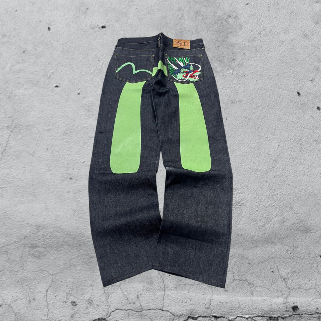 Raw Denim Jeans Evisu Embroidered Baggy Fit (M)