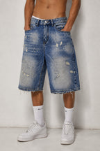 Jorts Leox Denim Blu con Rotture Baggy Embroidered Particular Y2K
