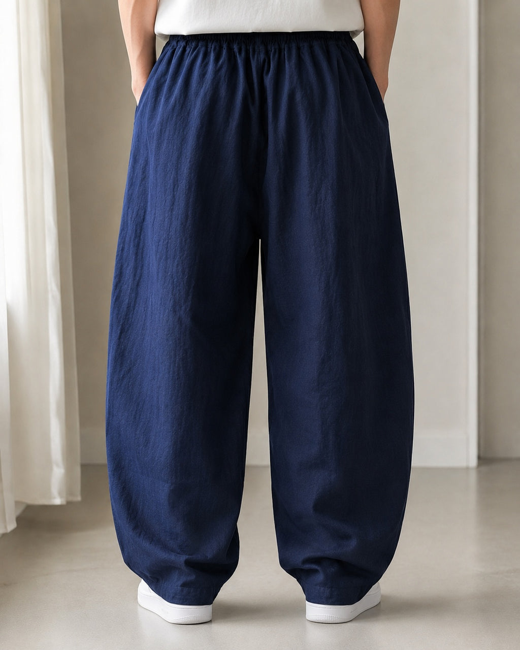 Pantalone uomo balloon Blu misto lino wide leg Baggy Fit - Linen Pants Vintage Y2K