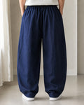 Pantalone uomo balloon Blu misto lino wide leg Baggy Fit - Linen Pants Vintage Y2K
