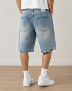 Jorts Leox Denim Chiaro Baggy Sabbiato Doppio Bustino Embroidered Particular Y2K