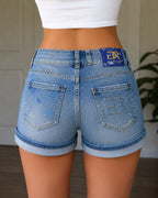 Shorts jeans donna Y2K strass blu vita bassa XXS