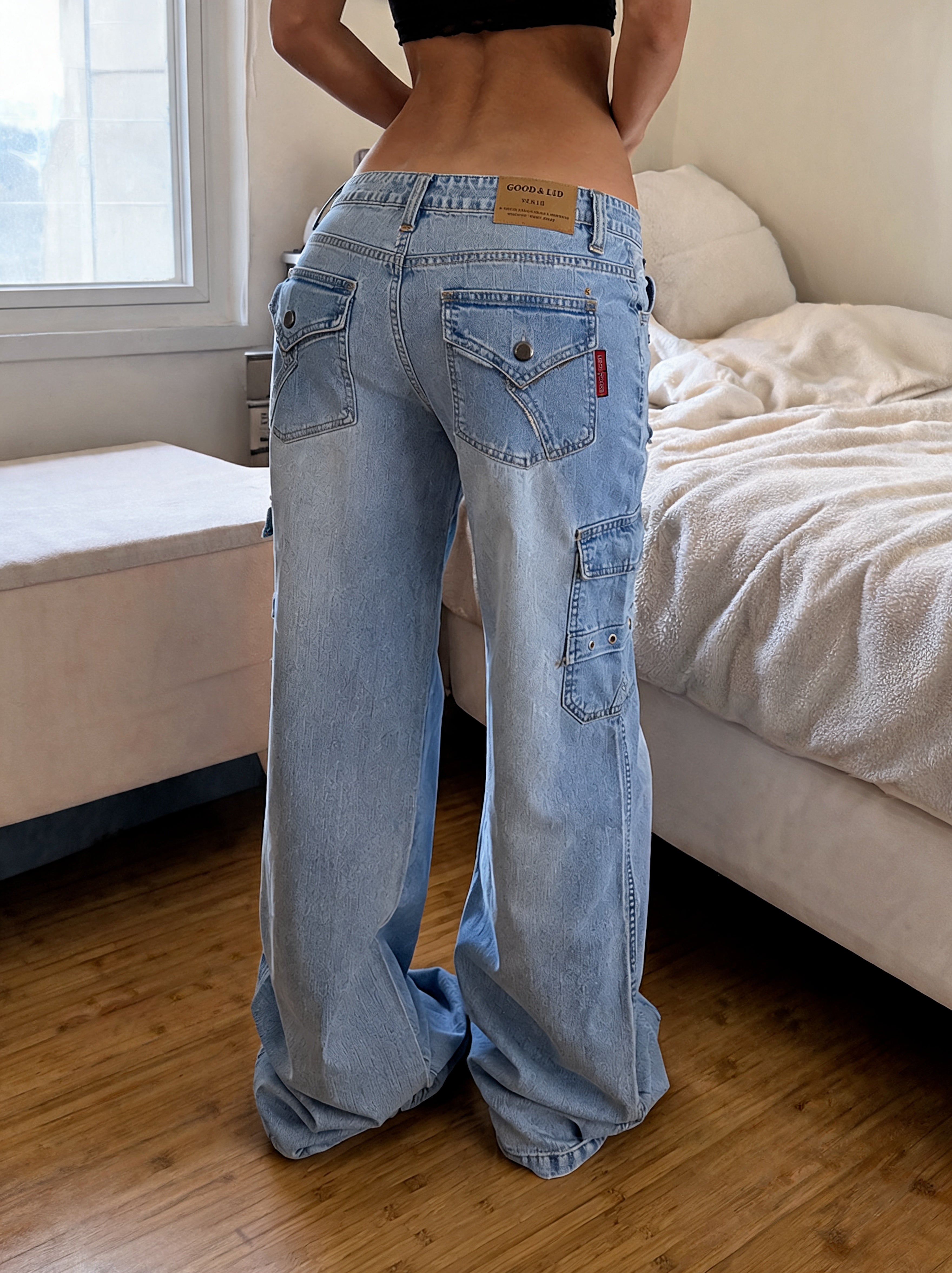 Denim Jeans Vintage Y2K Flare Low Waist "Cargo" Light Blue Y2K