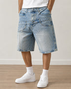 Jorts Leox Denim Chiaro Baggy Sabbiato Doppio Bustino Embroidered Particular Y2K