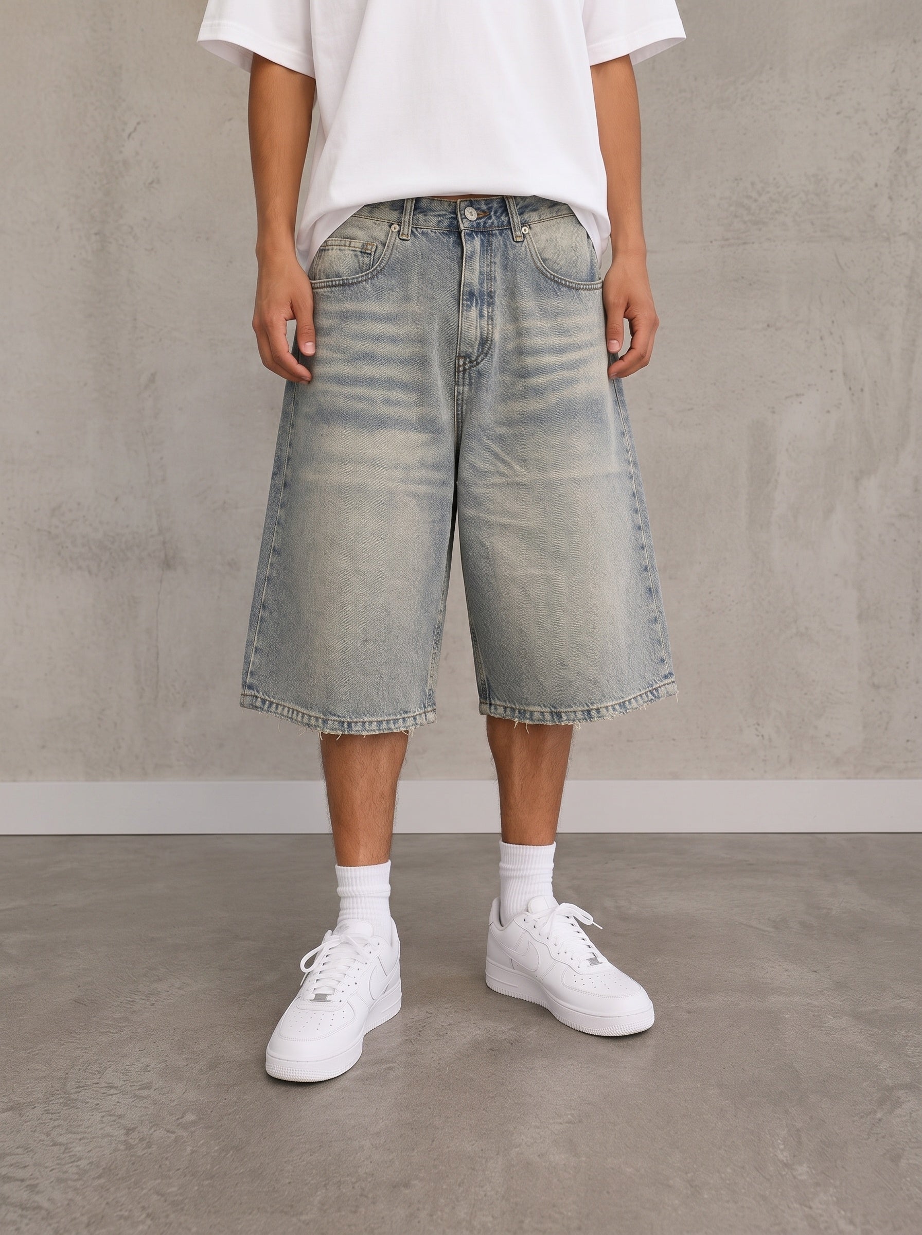 Denim Jeans Jorts Washed Vintage Y2K Sand Light Striped - Pantaloncini Lunghi