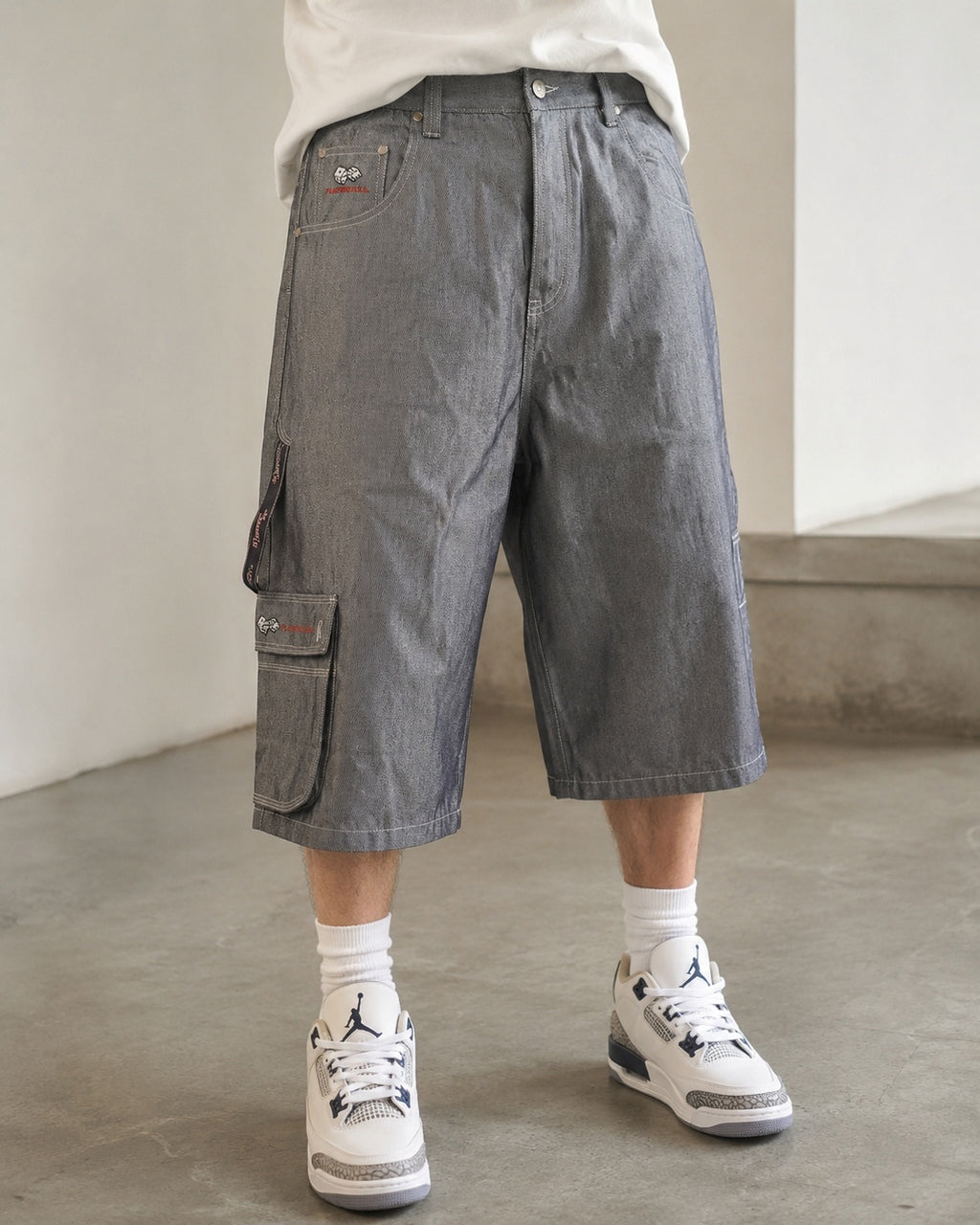 Jorts Playerz 69 grigi baggy Y2K cargo Vintage Silver Denim (XL) Hip-Hop