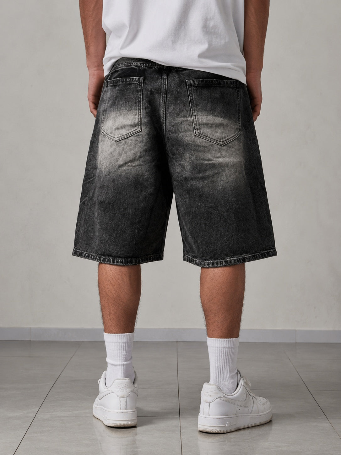 Jorts Leox denim nero baggy distressed streetwear Vintage Y2K Particular