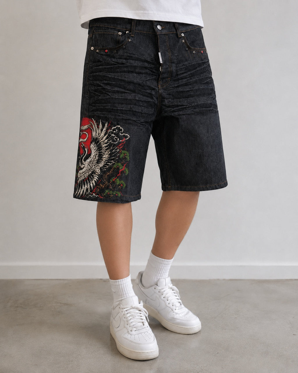 Jorts Static Studio denim nero stampa crane streetwear - Japan Style Vintage Y2K Denim