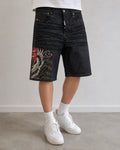 Jorts Static Studio denim nero stampa crane streetwear - Japan Style Vintage Y2K Denim