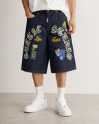 Jorts Static Studio Raw Denim Blu patch streetwear Vintage Y2K Printed Particular Hip-Hop (L)