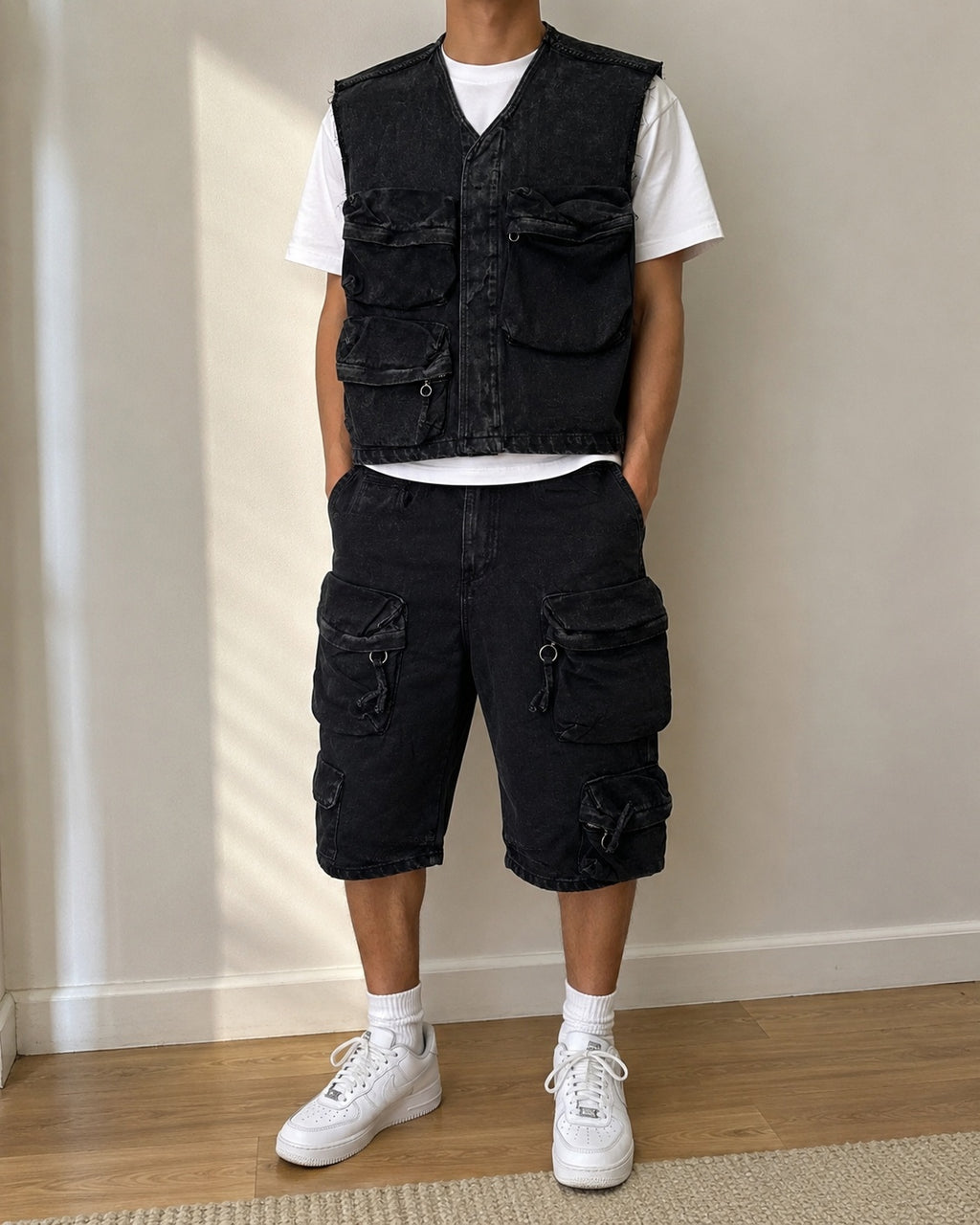 Completo Denim Nero Y2K Cargo Utility Smanicato + Jorts Baggy Hip Hop Streetwear