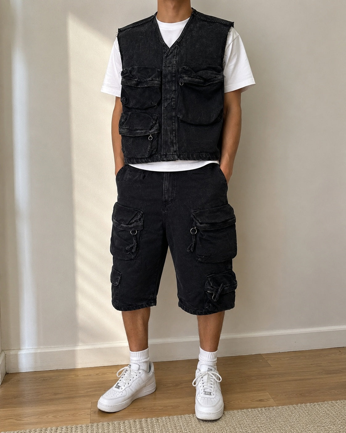 Completo Denim Nero Y2K Cargo Utility Smanicato + Jorts Baggy Hip Hop Streetwear