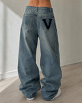 Denim Jeans Baggy Fit Embroidered "V" Blu wash (XS)