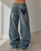Denim Jeans Baggy Fit Embroidered "V" Blu wash (XS)