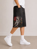 Jorts Static Studio denim nero stampa crane streetwear - Japan Style Vintage Y2K Denim