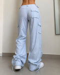 Linen Pants Baggy Fit Light Blue con Zip Vintage Y2K Low Waist - Pantaloni in Lino Super Baggy Vita Bassa