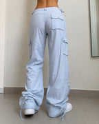 Linen Pants Baggy Fit Light Blue con Zip Vintage Y2K Low Waist - Pantaloni in Lino Super Baggy Vita Bassa