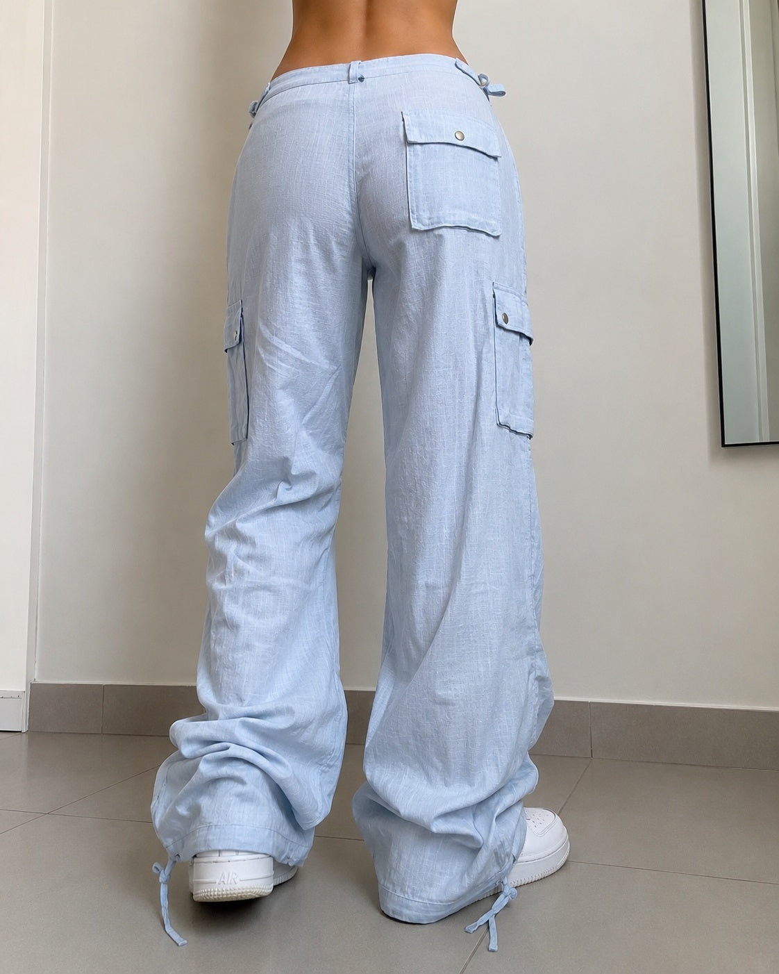 Linen Pants Baggy Fit Light Blue con Zip Vintage Y2K Low Waist - Pantaloni in Lino Super Baggy Vita Bassa