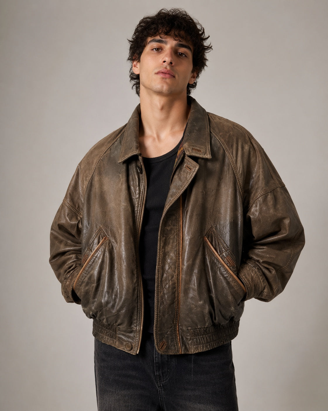 Giubbino In Vera Pelle Bomber - Y2K Aviatore Boxy Fit Oversize (L)
