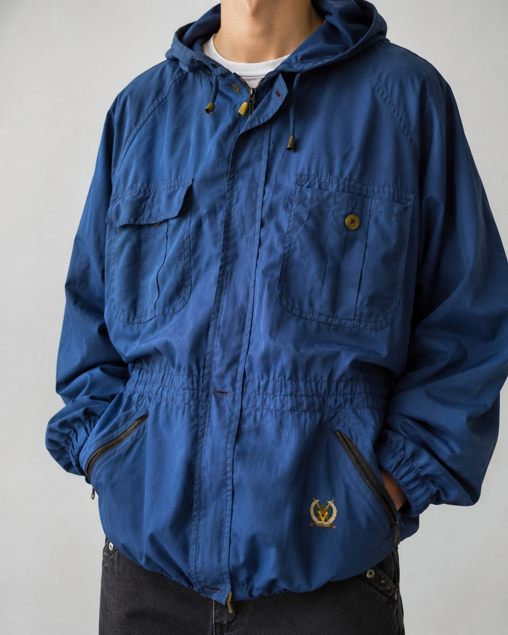 Valentino Vintage Windbreaker Blu Uomo Taglia M – Giacca 90s Tecnica con Cappuccio