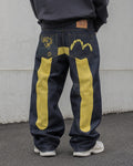 Raw Denim Jeans Evisu Painted Big Logo Embroidered (S)