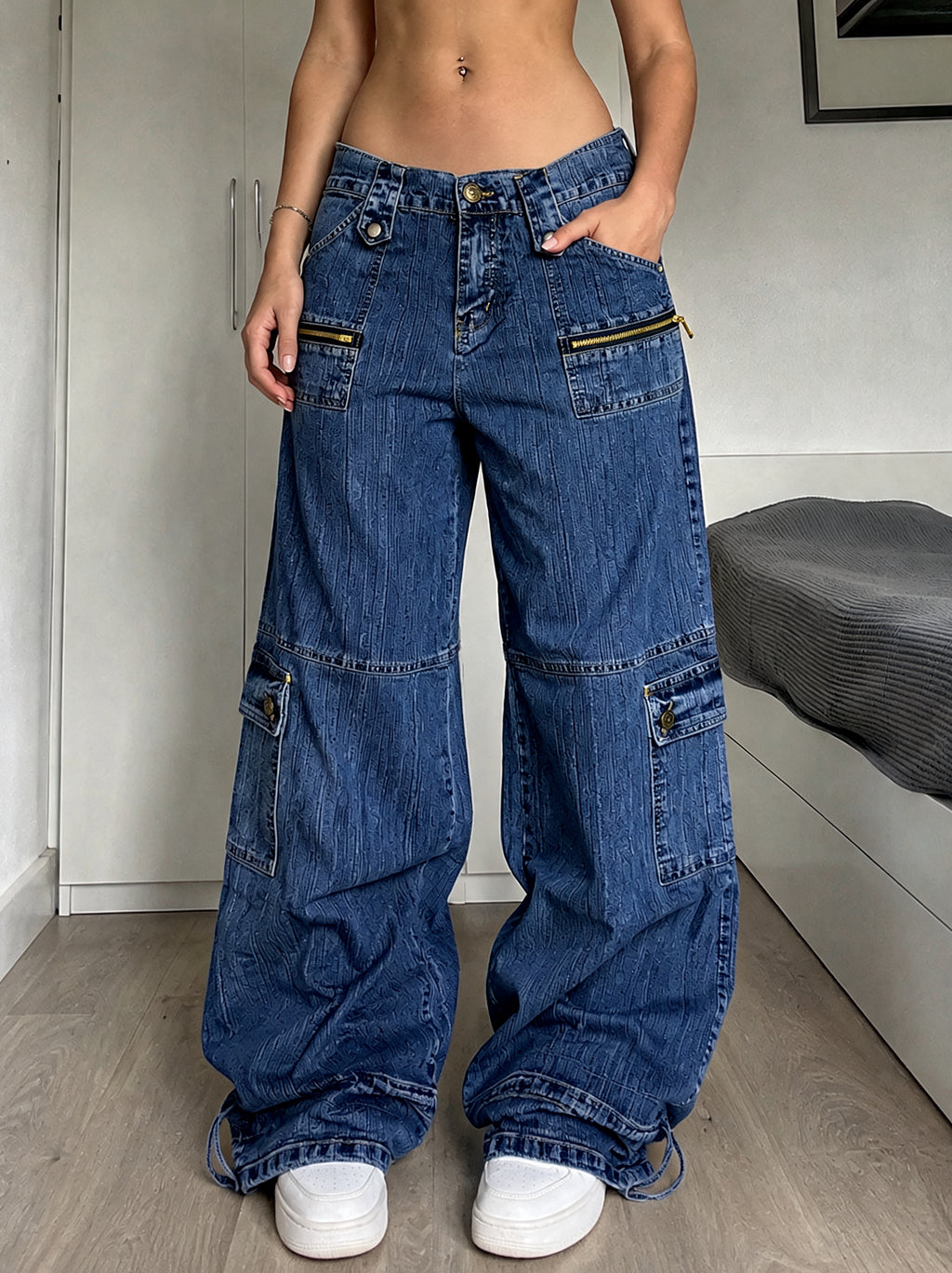 Denim Jeans Vintage Y2K Blu Striped Low Waist Cargo Particular Baggy Flare Model NEW