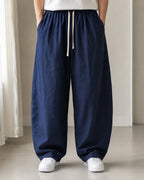 Pantalone uomo balloon Blu misto lino wide leg Baggy Fit - Linen Pants Vintage Y2K