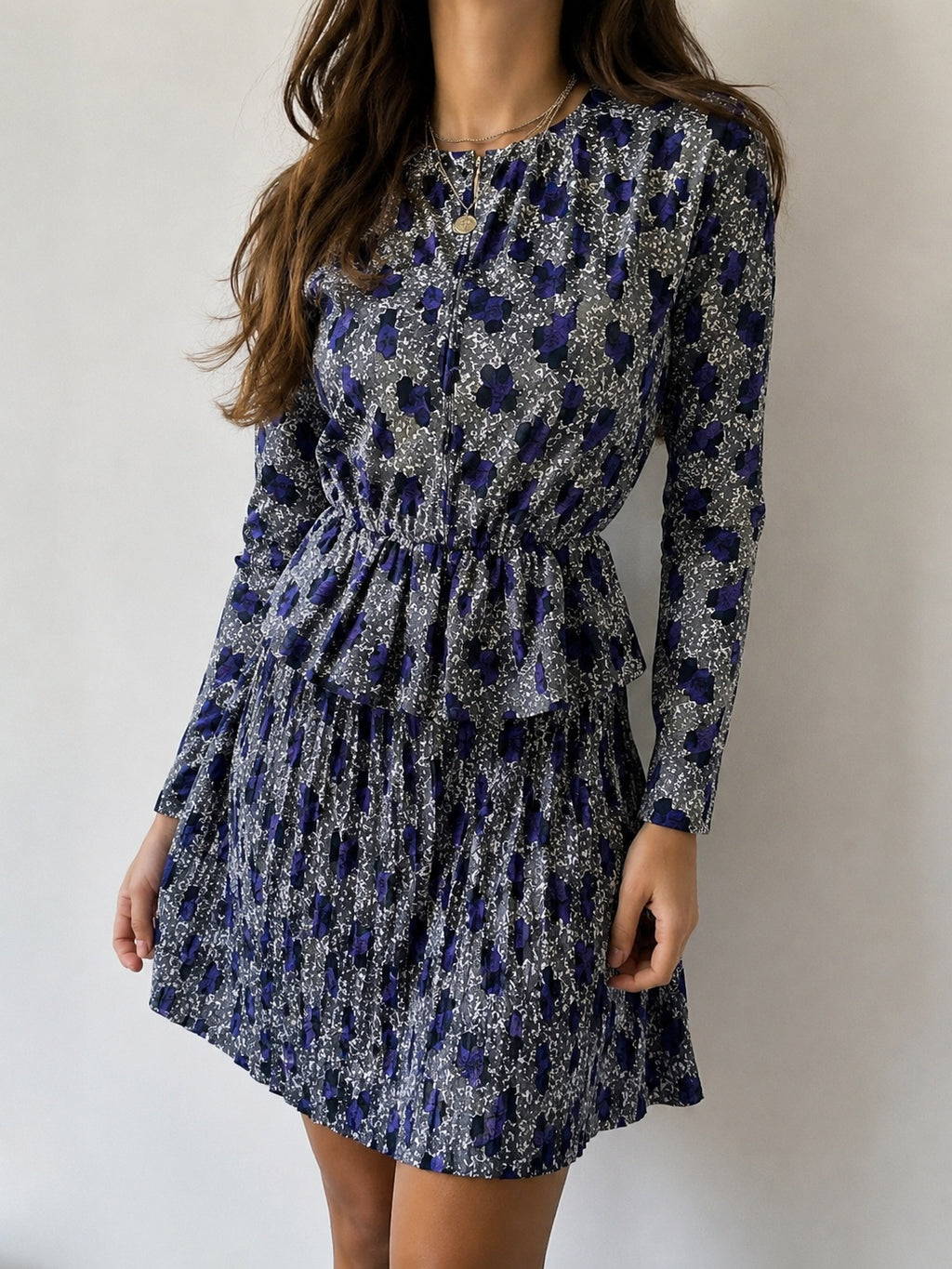 Completo vintage donna floreale blu grigio gonna plissé M