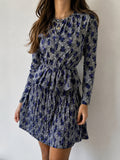Completo vintage donna floreale blu grigio gonna plissé M