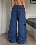 Denim Jeans Vintage Y2K Blu Striped Low Waist Cargo Particular Baggy Flare Model NEW