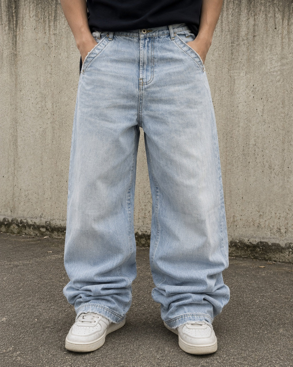 Denim FishBone Super Baggy Fit Light Blue Embroidered Sfrangiato Vintage Y2K (S)