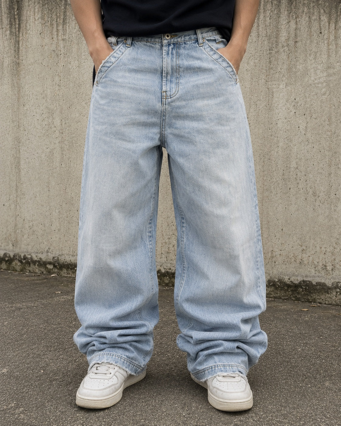 Denim FishBone Super Baggy Fit Light Blue Embroidered Sfrangiato Vintage Y2K (S)