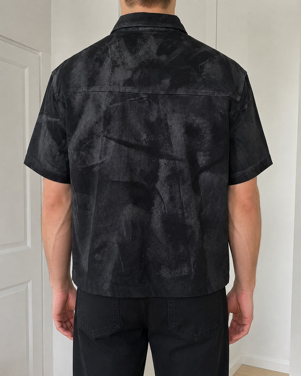 Giacca Camicia Nera Y2K Effetto Washed Spalmato Oversize Boxy Streetwear Uomo