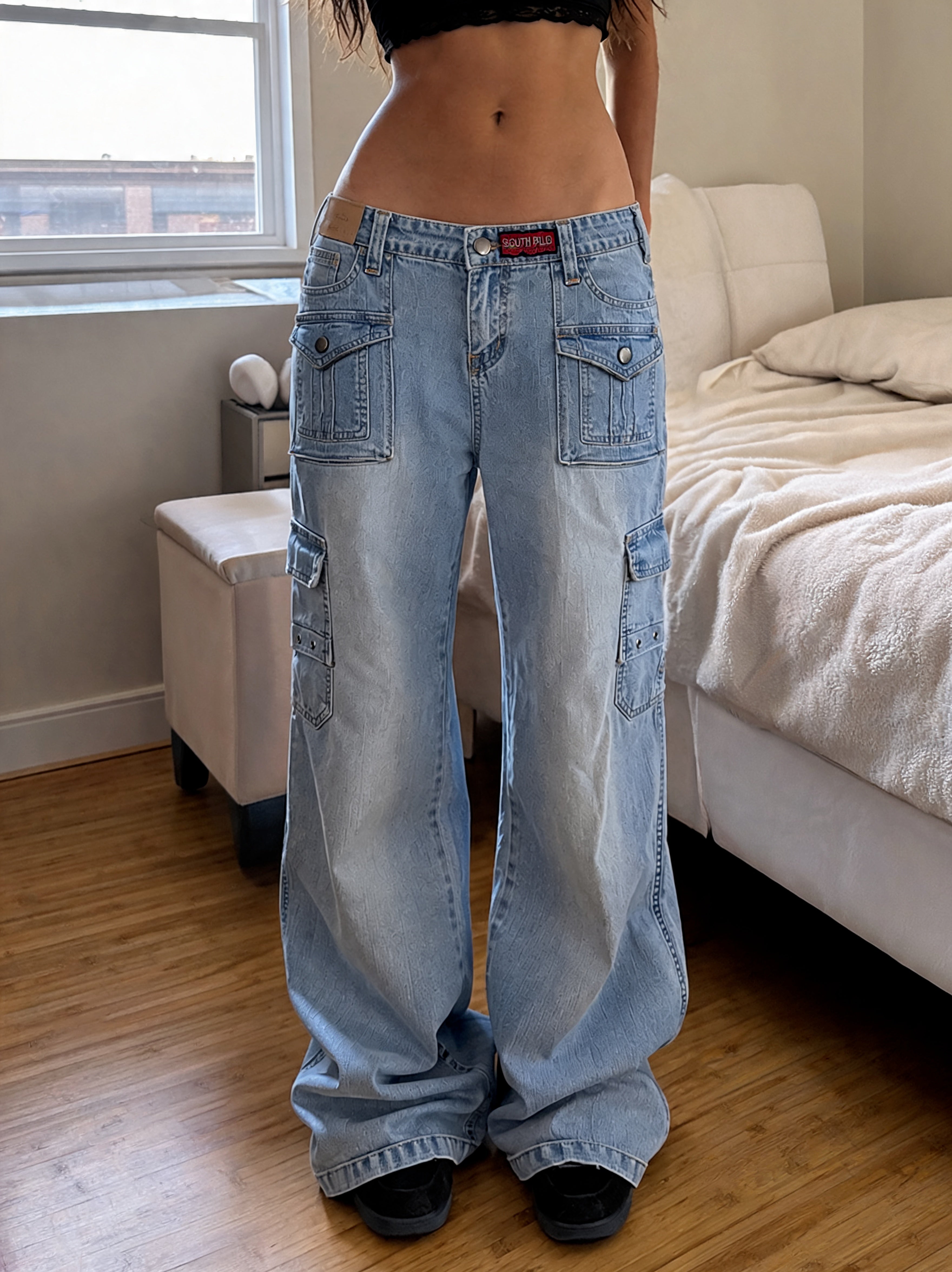 Denim Jeans Vintage Y2K Flare Low Waist "Cargo" Light Blue Y2K