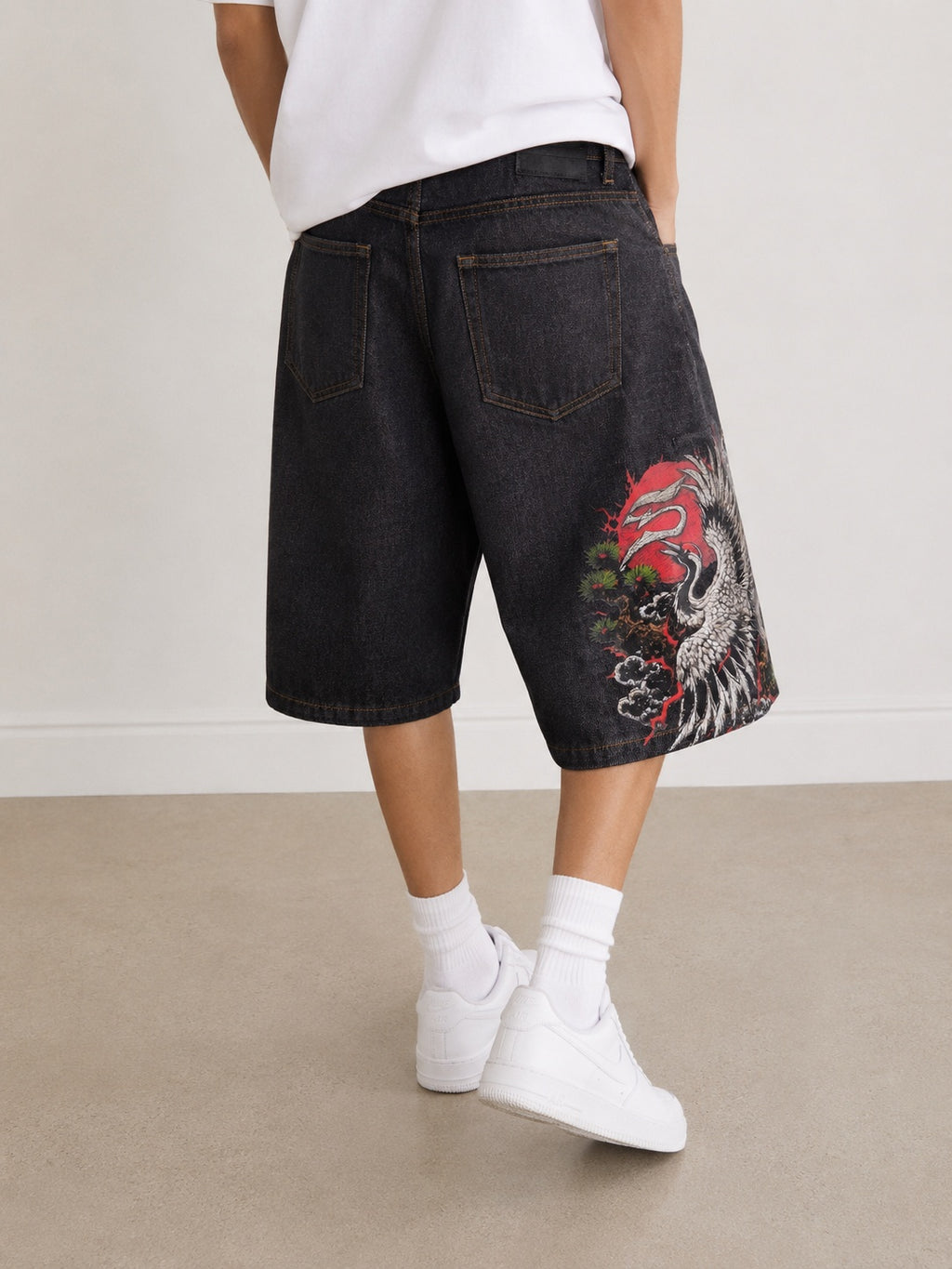 Jorts Static Studio denim nero stampa crane streetwear - Japan Style Vintage Y2K Denim
