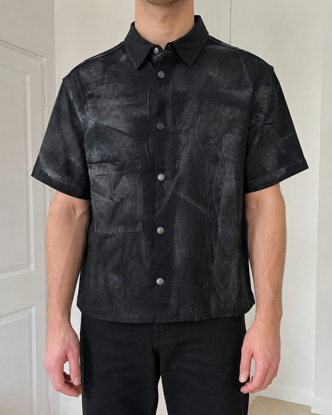 Giacca Camicia Nera Y2K Effetto Washed Spalmato Oversize Boxy Streetwear Uomo