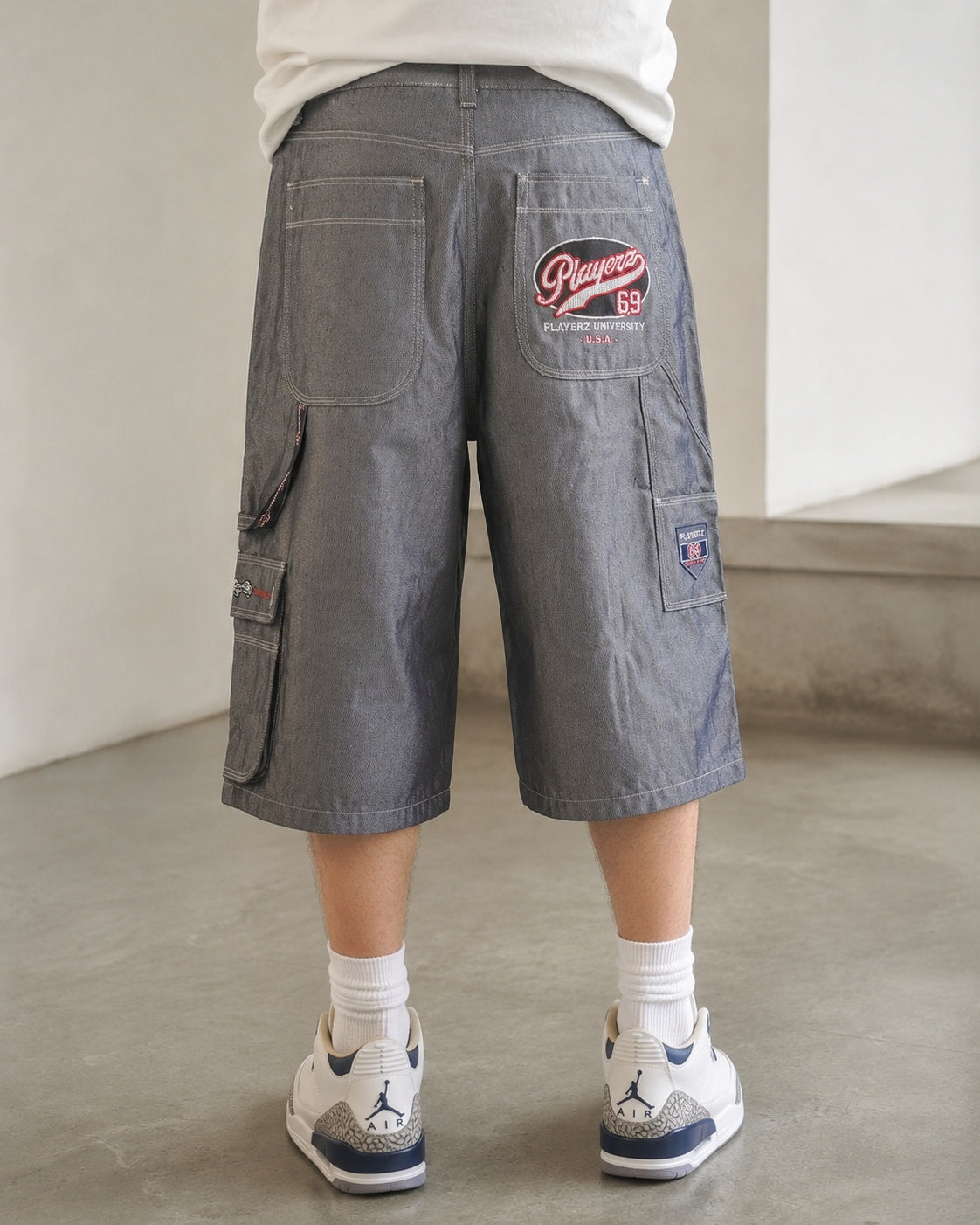 Jorts Playerz 69 grigi baggy Y2K cargo Vintage Silver Denim (XL) Hip-Hop