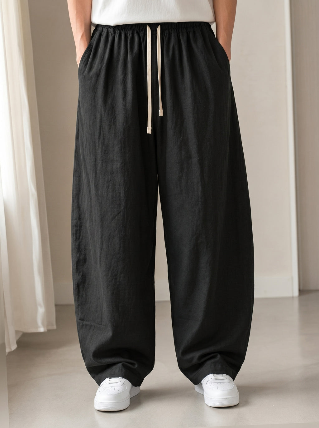 Pantalone uomo balloon Black / Nero misto lino wide leg Baggy Fit - Linen Pants Vintage Y2K