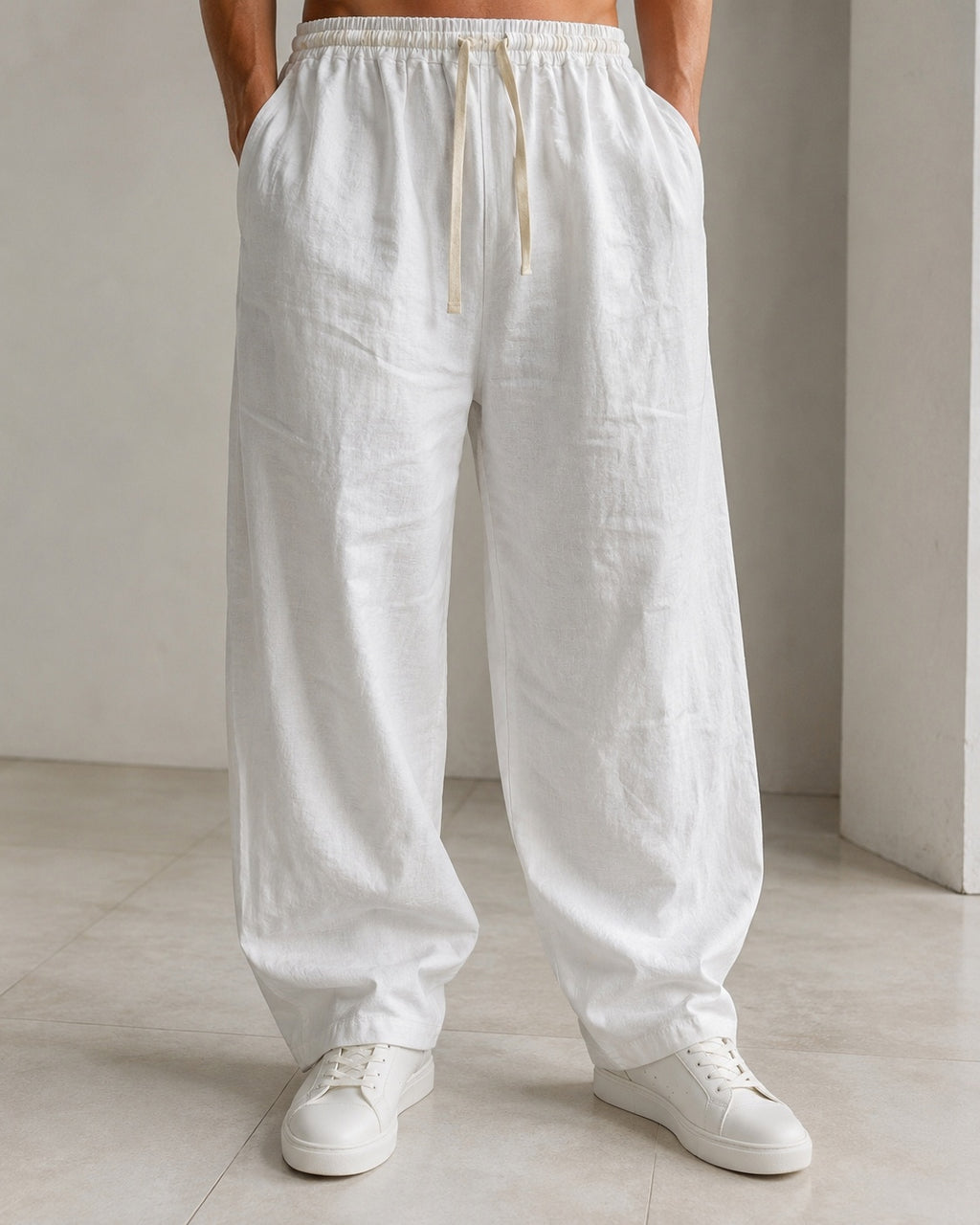 Pantalone uomo balloon bianco misto lino wide leg Baggy Fit - Linen Pants Vintage Y2K