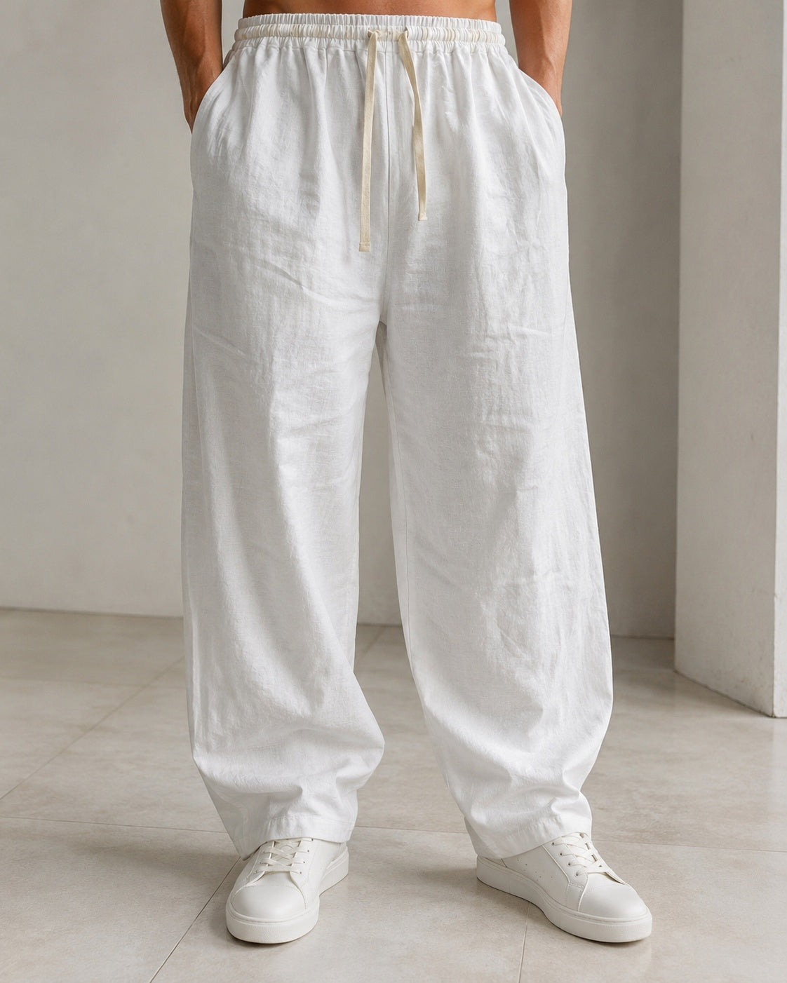 Pantalone uomo balloon bianco misto lino wide leg Baggy Fit - Linen Pants Vintage Y2K