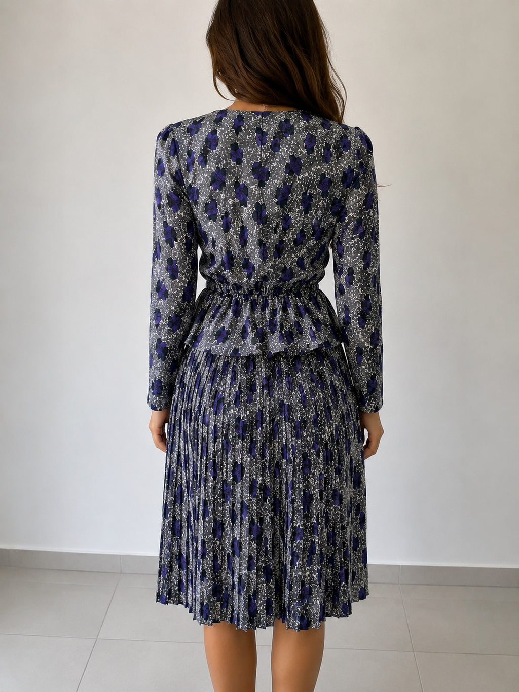 Completo vintage donna floreale blu grigio gonna plissé M