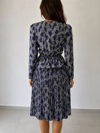Completo vintage donna floreale blu grigio gonna plissé M