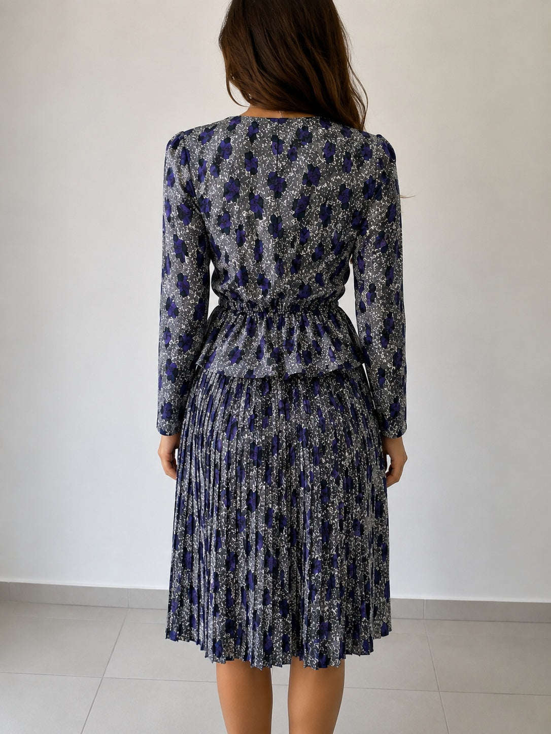 Completo vintage donna floreale blu grigio gonna plissé M